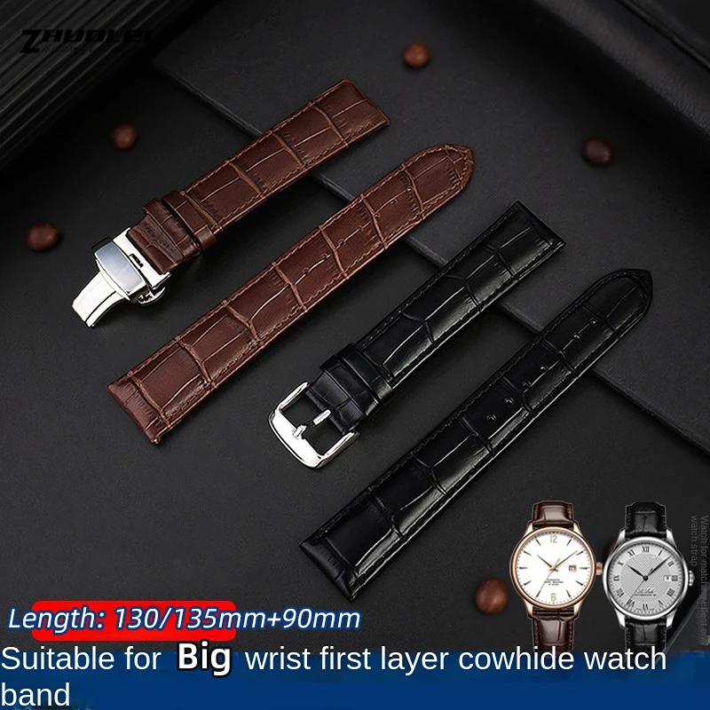 For Bigger wrist lengthened Genuine leather watchband Crocodile texture cowhide men's Black Brown Longer Watch Strap 20mm 22mm