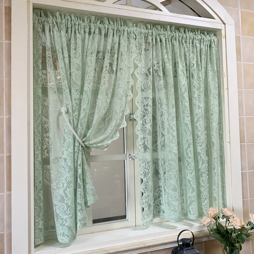 2PCs Set Green Luxury Beaded Lace Short Curtain for Kitchen Small Window Light Filtering Window Half Curtain Rod Pocket Drapes