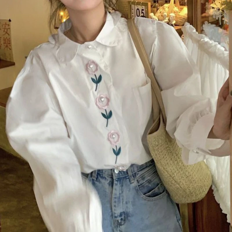 Autumn New Pocket Blouse Women 2024 Blusas Mujer De Moda Puff Sleeve Loose Shirts Embroidery Flower Vintage Korean Blouses Tops