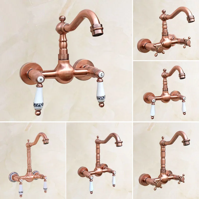 

Antique Red Copper Double Handle Kitchen Sink Faucet Swivel Spout Bathroom Basin Sink Mixer Tap Wall Mounted Lzh030