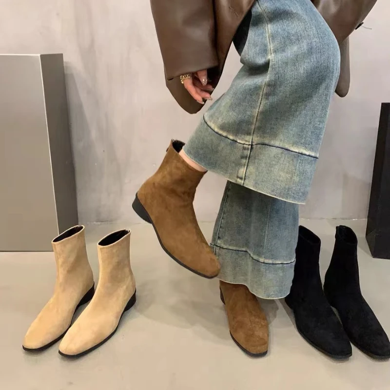 Street Style Women Ankle Boots Fashion Elegant Zippers Shoes Autumn Winter Square Heel Laides Stretch Modern Short Booties