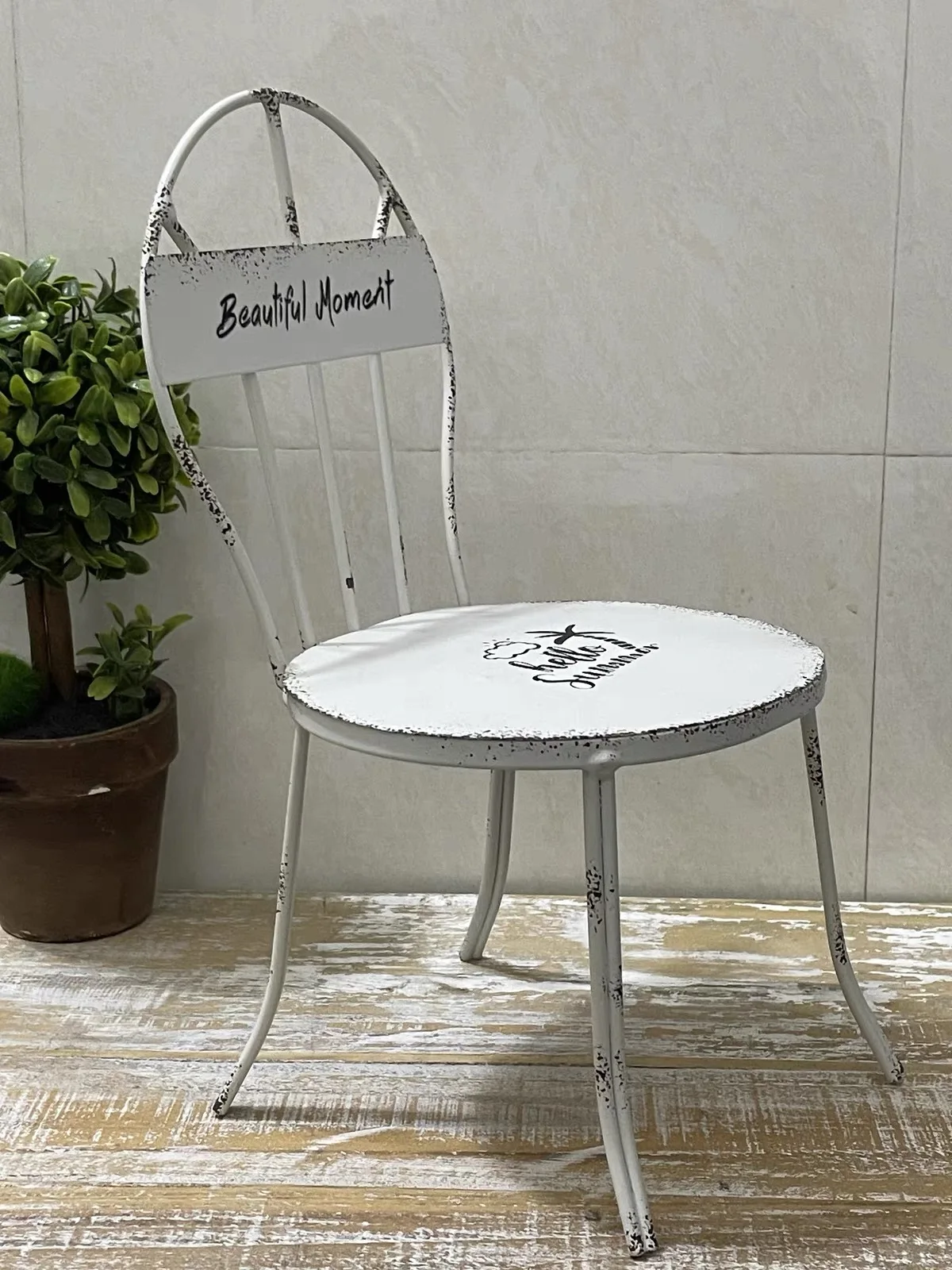 French Vintage Mini Metal Chair Plant Stand Distressed White Flower Pot Holder Garden Patio Tabletop Decorative Display