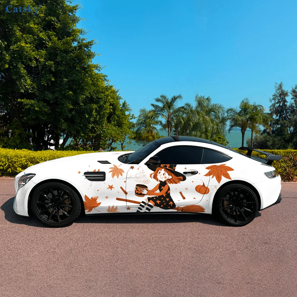 Halloween Pumpkin Witch Car Vinyl Wraps Decal Self-adhesive PVC Sticker Suitable for Trucks SUV Decoration Auto Accessories Gift