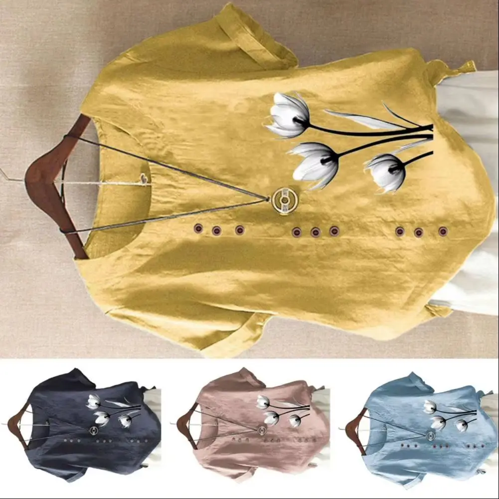 

2025 Women Summer T-shirt Short Sleeves Round Neck Pullover Button Decor Flower Print Vintage Style Lady Top