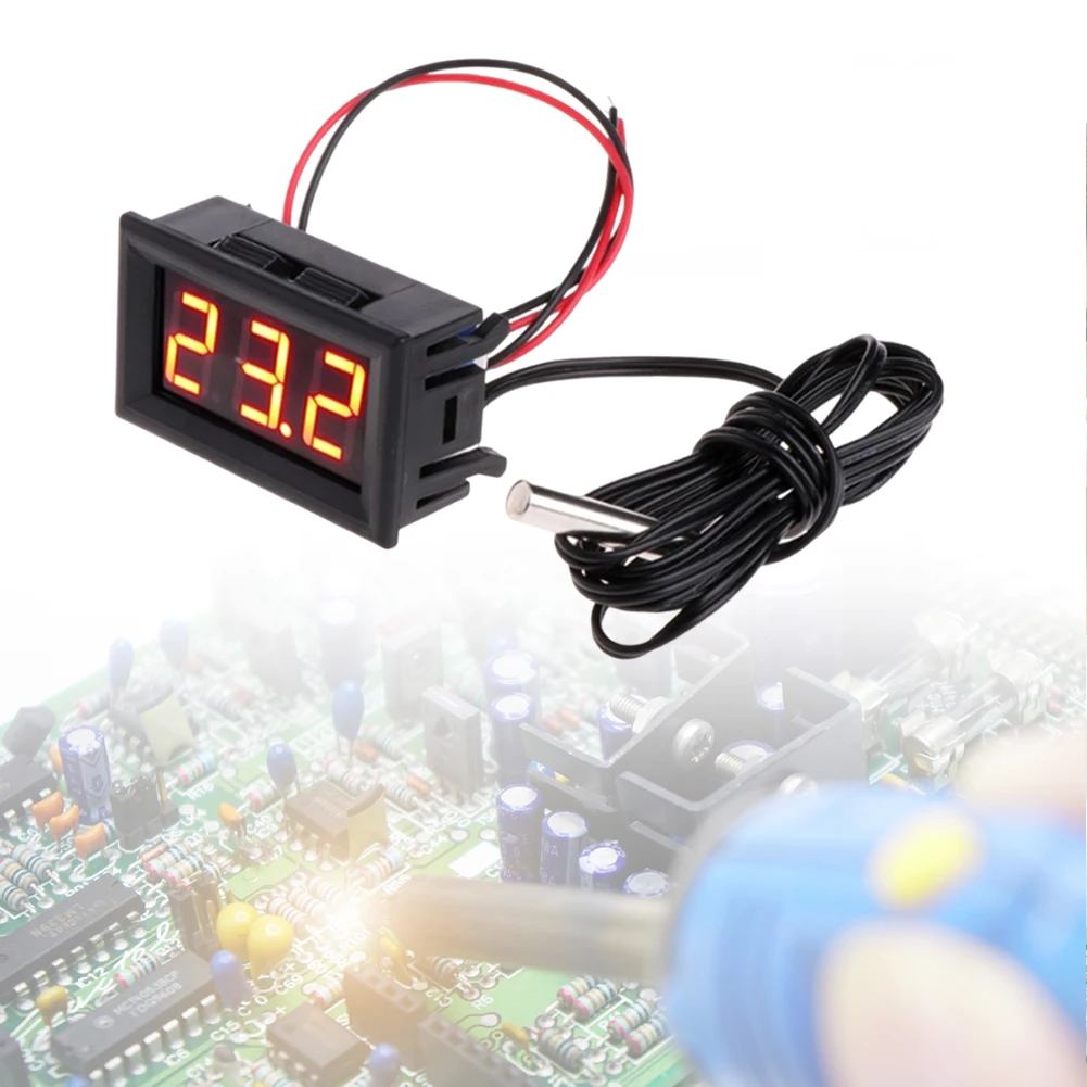 DC 12V Mini Digital LED Thermometer Sensor Module Meter Detector Waterproof Metal Probe Temperature Probe Monitor Panel Tester