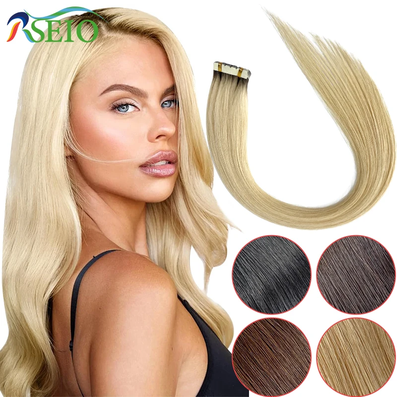 Mini Tape In Human Hair Extensions Real Natural Hair Extension 16"-26" Black Brown Blonde Invisible Tape In Straight For Salon