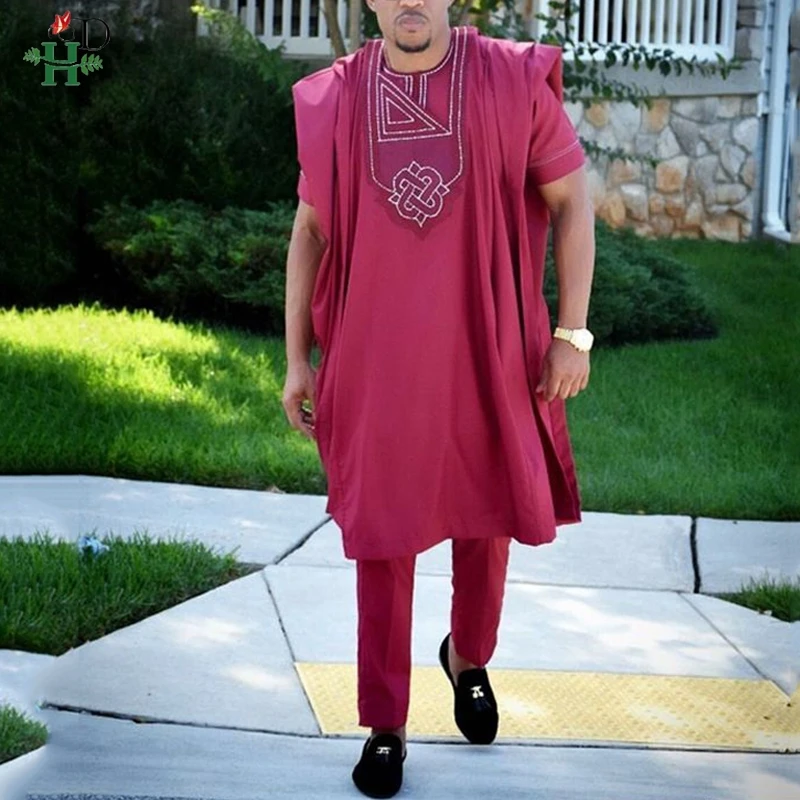 H&D African Men Clothing 3 Pieces Set Mens Dashiki Robe Shirt Pants Suit Short Sleeve T-shirt Wedding Party Attire Formal Outfit