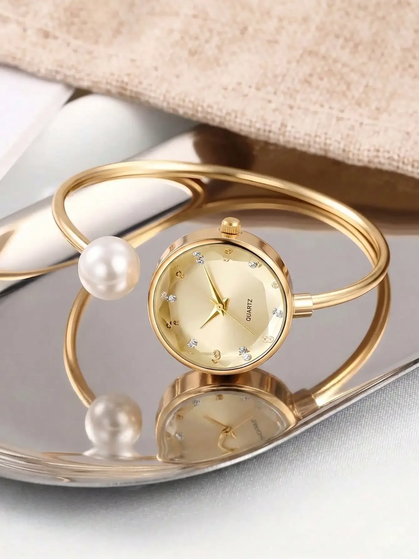 Women 2Pcs Gold Bangle Watch Set Pearl Cuff Quartz Wrist Watch Leaf Bracelet, Boxes Not Included