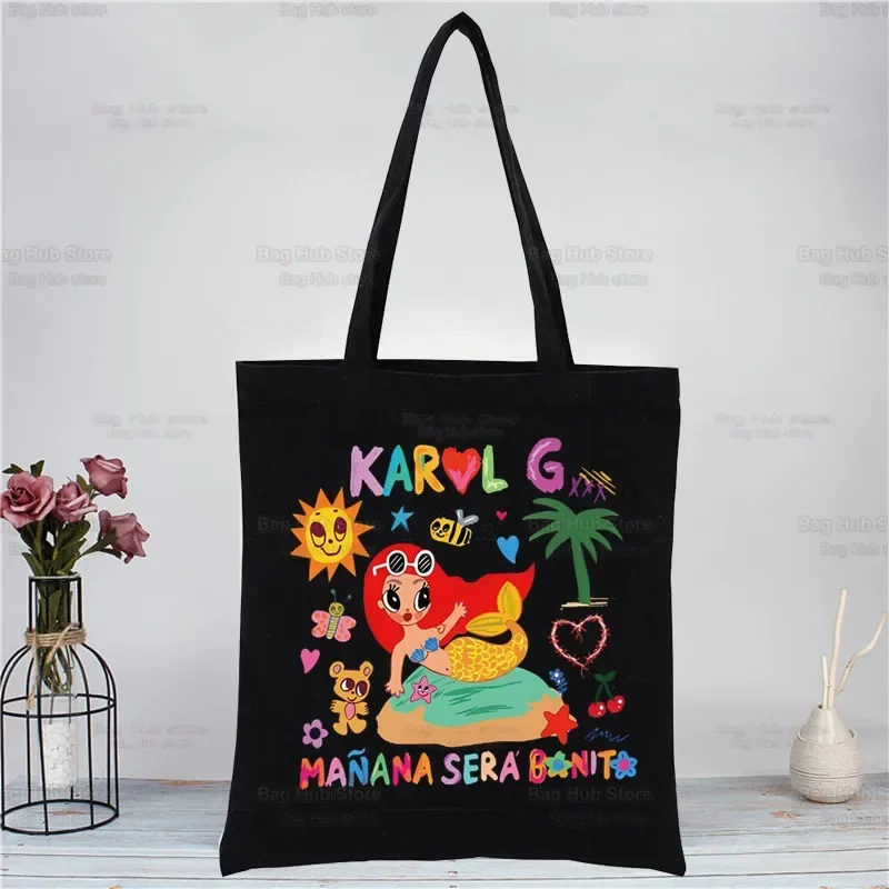 Karol G Bichota Manana Sera Bonito Music Singer Shopping Black Canvas Tote Bag Cartoon Reusable Cloth Bag Handbag Shoulder Bags