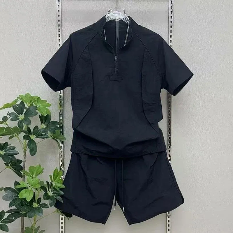 

Men's Luxury Quick-Dry 2-Piece Summer Set: Half-Zip Short-Sleeve Top & Color Block 5-Inch Shorts, Trendy Casual Sports Outfits