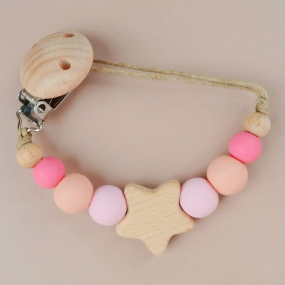 Dummy Clips Pacifier Holder Clips Wood Soother Holder Baby Pacifier Chain Star Nipple Holder Clips Baby Teether Toys Straps Baby