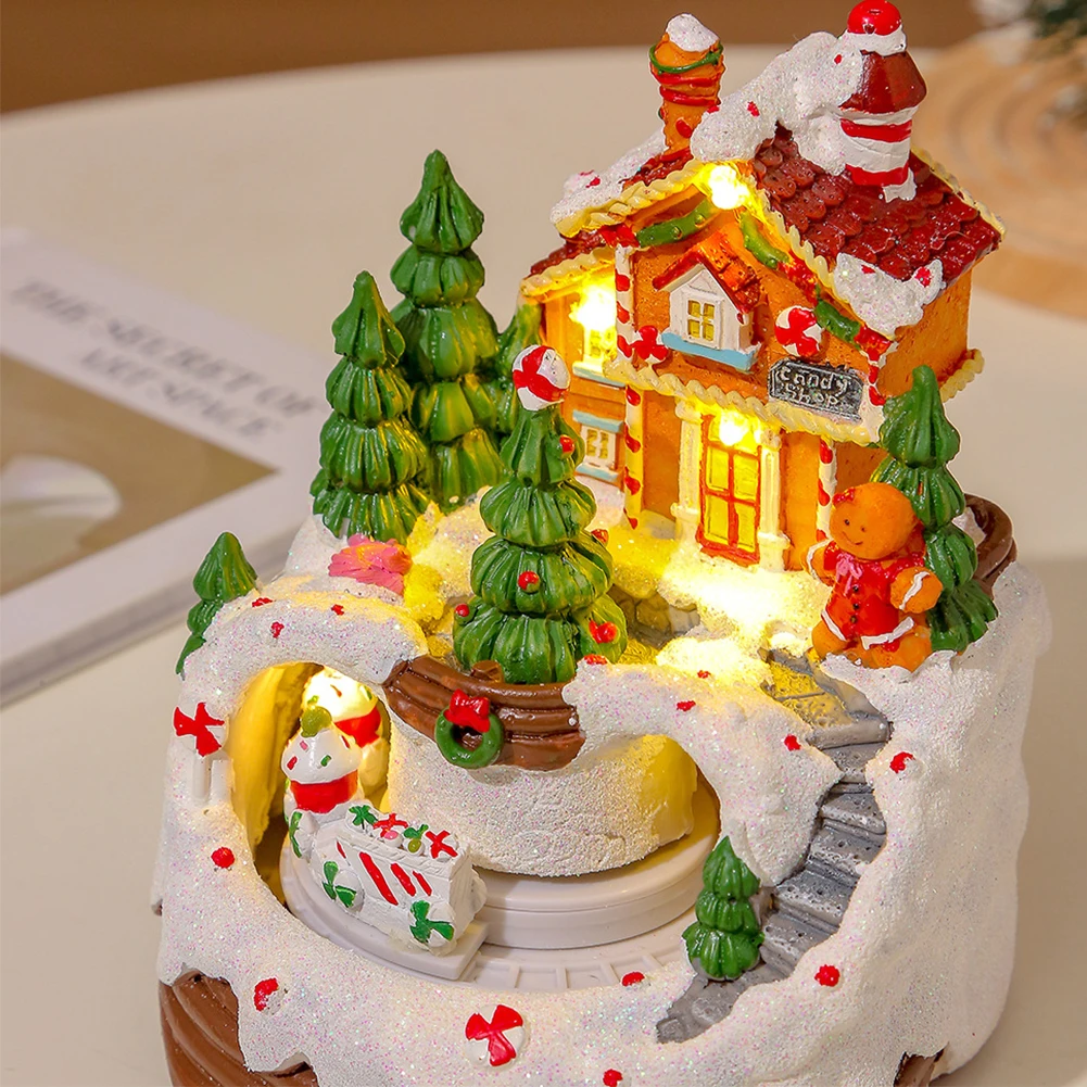 Unique Christmas Village Music Box 6.3inch Illuminated Snow House Figurine Resin Ornament Gift for Kids for Bookshelf Restaurant