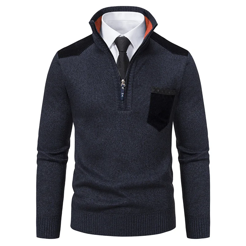 New Autumn and Winter Sweater for Men Business Stand Collar Pullover Casual Plus Velvet Sweater