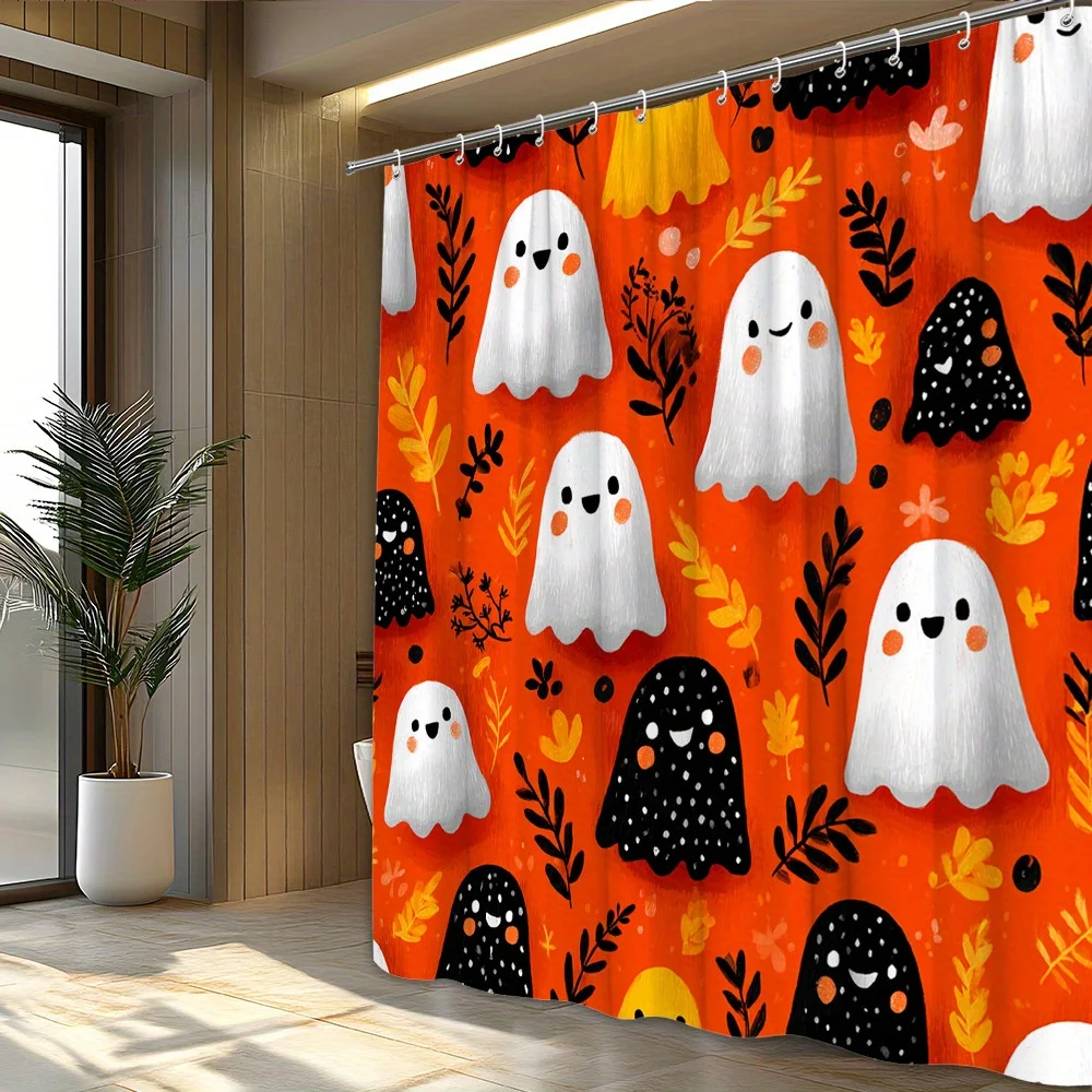 

1 шт., занавеска для душа с листьями призраков на Хэллоуин — оранжевый фон и желтые листья, полиэфирная ткань, можно стирать в машине