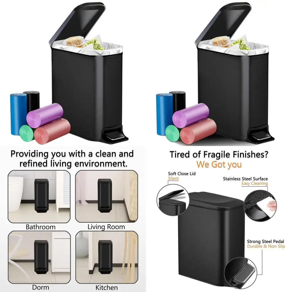 Cubo de basura de baño negro mate de 6 litros con tapa, cierre suave, funciona con los pies, incluye 50 bolsas y cubo interior