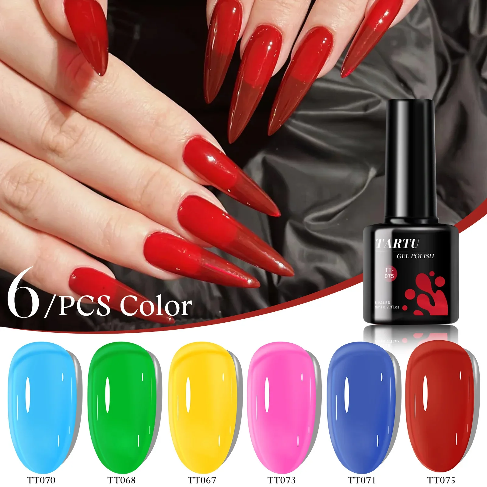 6 Stück 8 ml Jelly Nude Pink Nagelgel-Set, durchscheinend, 6 Farben, durchsichtiges, semipermanentes Gel-Nagellack-Set, Soak Off für UV/LED, Nagelkunst