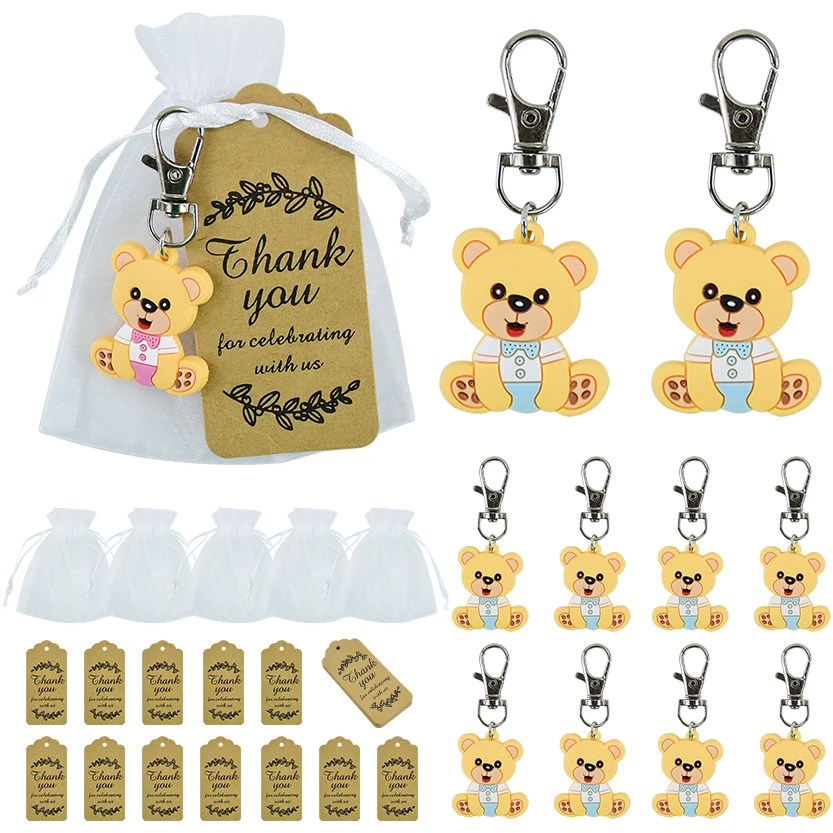 

10set Baby Shower Souvenirs Gift Bear Keychain With Organza Bag Thank You Kraft Tag For Guests Girls Boys Birthday Party Favors