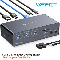 USBC KVM 도킹 스테이션 HDMI 4K60HZ 컴퓨터 모니터는 USB-C 10Gbps 12V 1.5A 전원 어댑터 공유 마우스 및 키보드를 지원합니다.