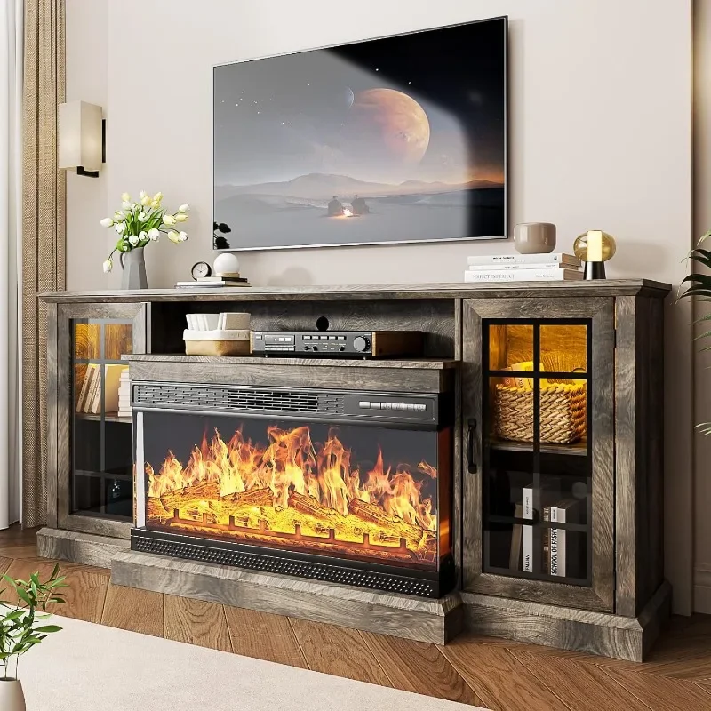 oneinmil 36 Inch 3-Sided Glass Fireplace TV Stand for TVs up to 80