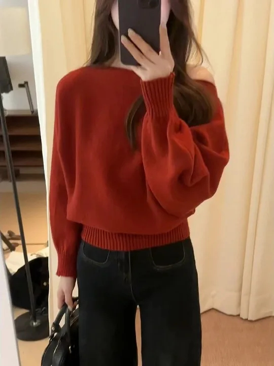 Cisas Nieuwjaar oulder Bared Sweater Dames Los Gebreid Lang Sve Herfst Winter Warm Aosphere Feeling