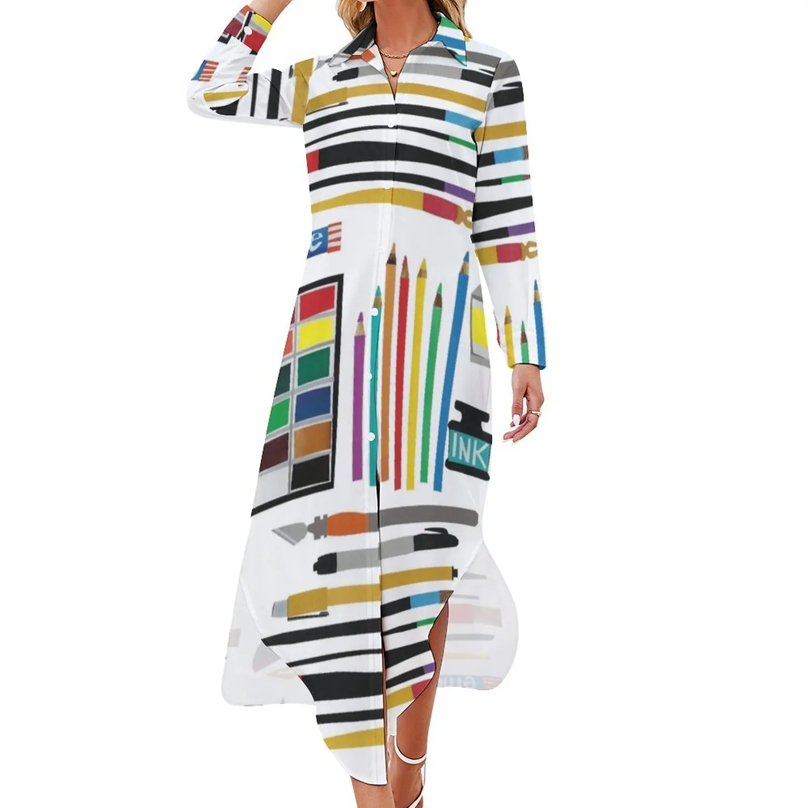 

Art Supplies Collage Long Sleeved Shirt Dress birthday dress for women luxury 2024 long dress women