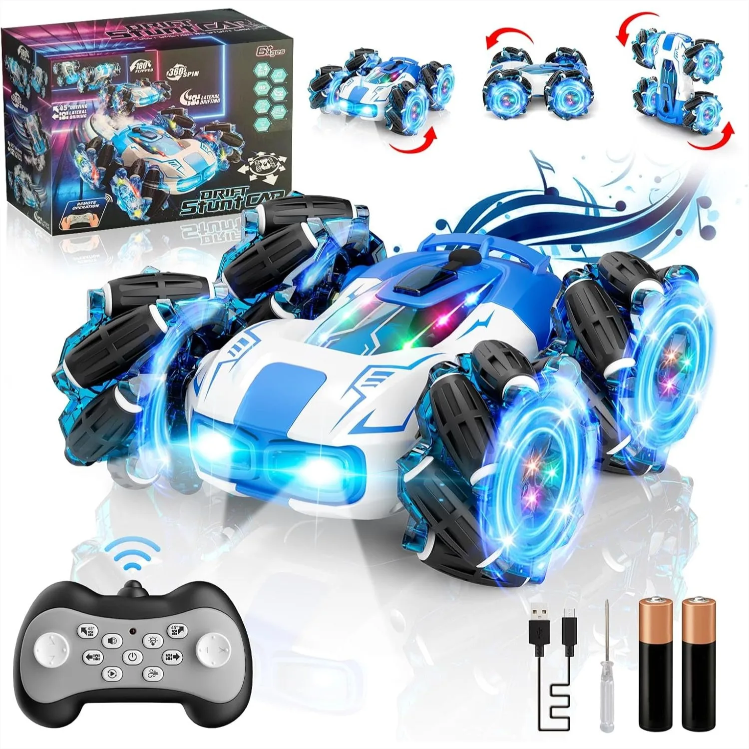 

Remote Control Car 4WD 360° Rotating Stunt RC Cars with Lights, All-Terrain Off-Road, Rechargeable, Gift for Kids Ages 4-13