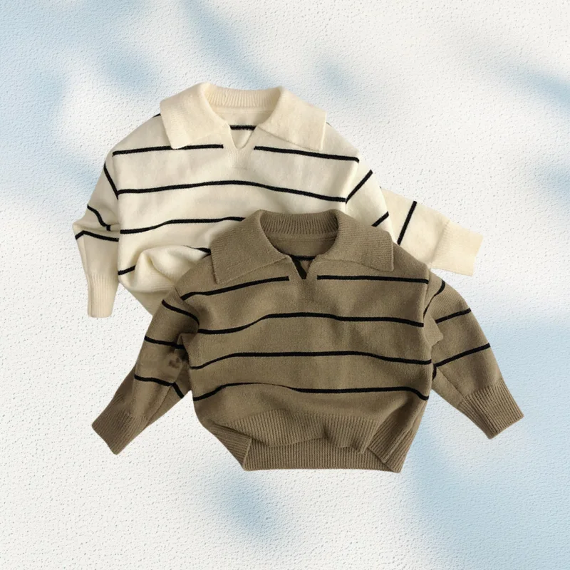 

2025 Autumn Winter Turn Down Polo Collar Kids Striped Sweater Unisex Toddler Boys Girl Warm Knit Tops Coat for 1-7Y