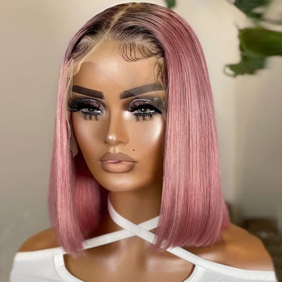 Sleek Pink Lace Front Short Bob Wigs Brazilian Ombre Black T4/Pink Human Hair Wigs 200% Density Natural Remy Human Hair