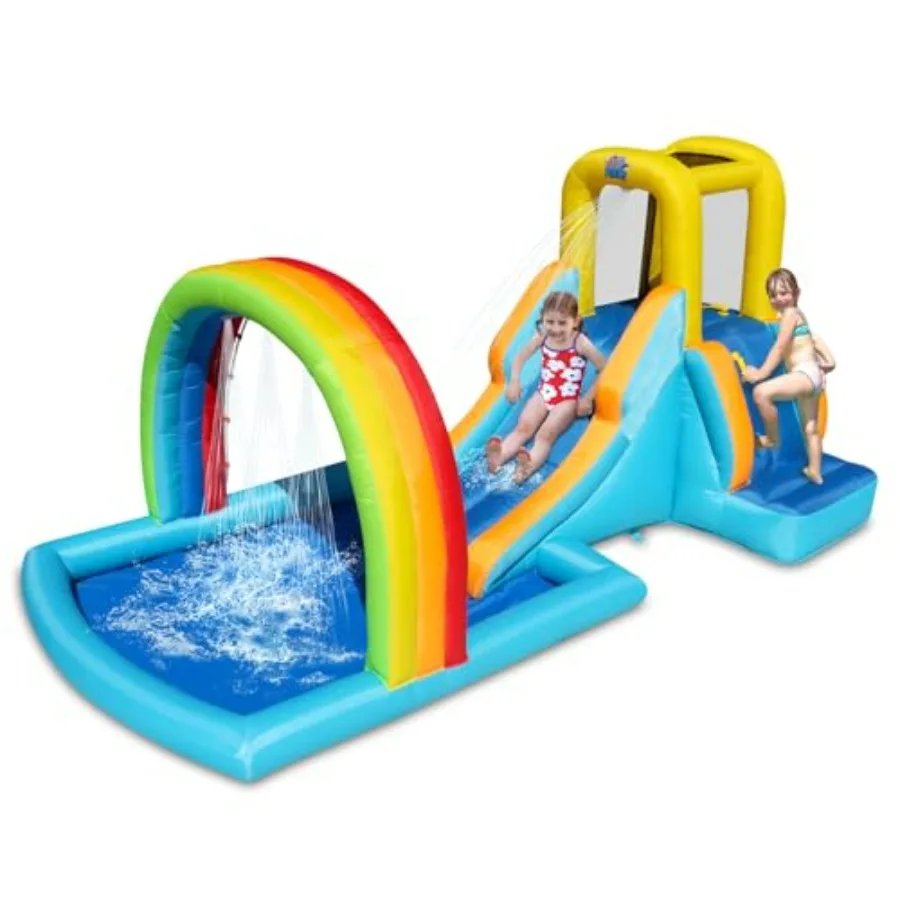Inflatable Water Slide for backyard use, PVC material, rainbow color, dual wet/dry functionality and splash pool included