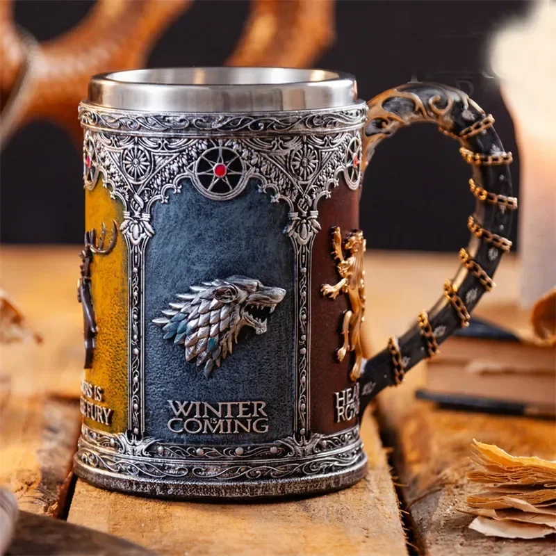 3D Beer Mugs Coffee Cups Gothic Goblet Iron Tankard Stainless Steel Resin Wine Glass Mug 600ML Skull Father\'s Day Gift 1 pcs