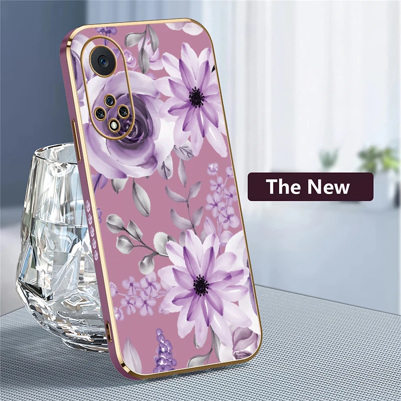 Custodia per telefono in silicone con protezione dell'obiettivo per Huawei Nova Y70 Plus 9 7i 5T 5i 8i 7 6 SE 3i 4e placcatura antiurto con stampa floreale