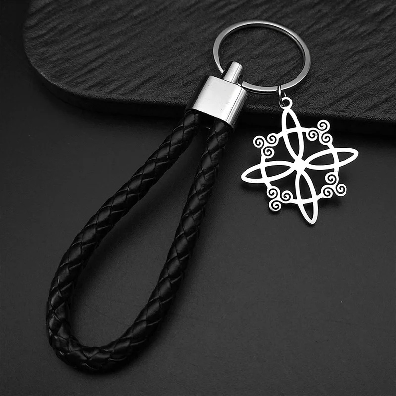 Hexerei Hexenknoten Pu-Leder Schlüsselanhänger Irish Trinity Knot Dreifachspirale Anhänger Edelstahl Amulett Schlüsselanhänger Schmuck