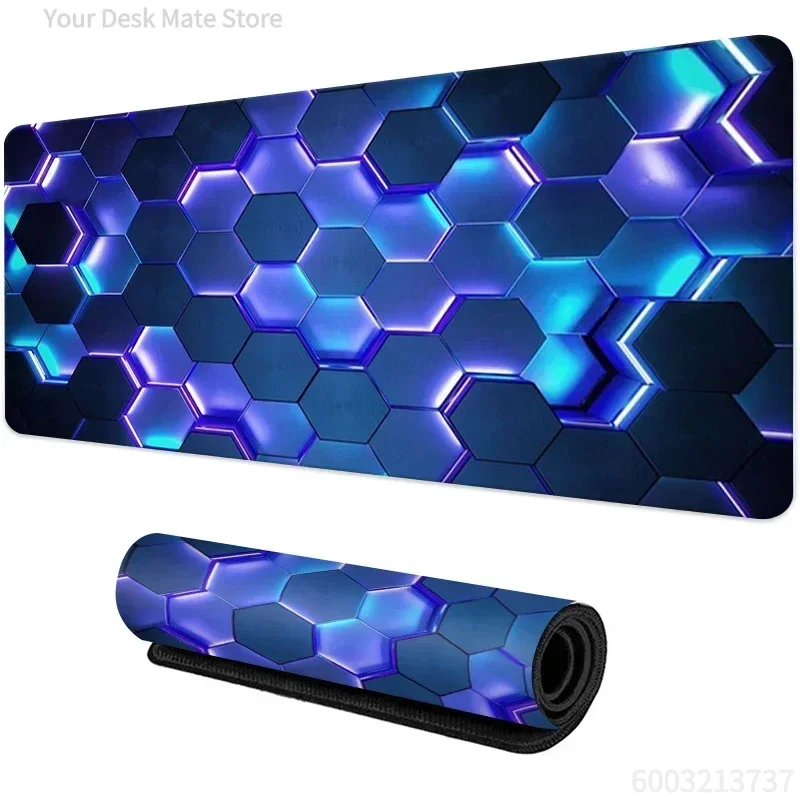 1Pcs Neon Blue Hexagon Gaming Print Large Stitched Edge Non-Slip Desk Mat Mouse Pad