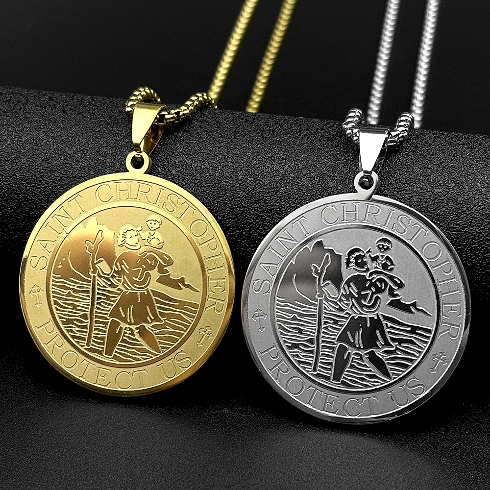 Catholic Saint Christopher Protect Us Round Pendant Necklace for Women Men Stainless Steel Gold Color Amulet Chain Jewelry Gift