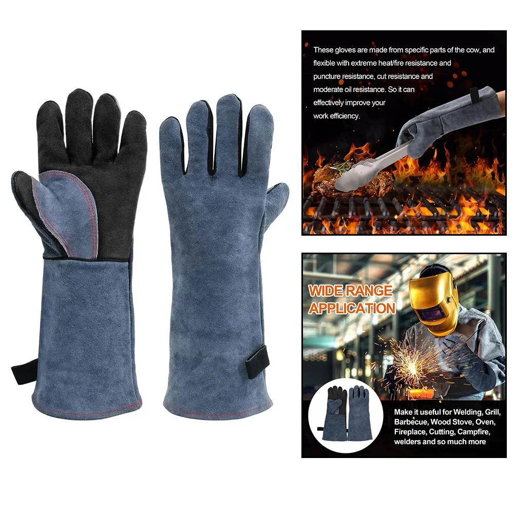 16 Inch Cowhide Leather Welding Gloves for BBQ and Fireplace Use High Temperature Resistant Insulated Labor Protection