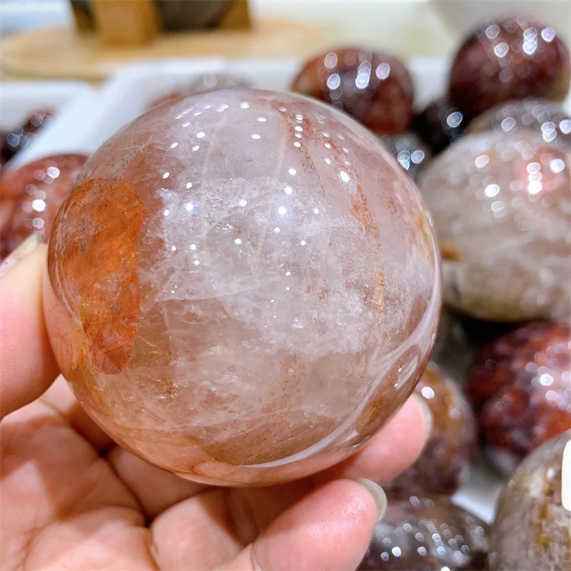 Natural Red Fire Quartz Hematoid Crystal Ball, Polished Sphere, Healing Room Decor, Pink Crystal Souvenirs, Stone Craft, 6.8cm