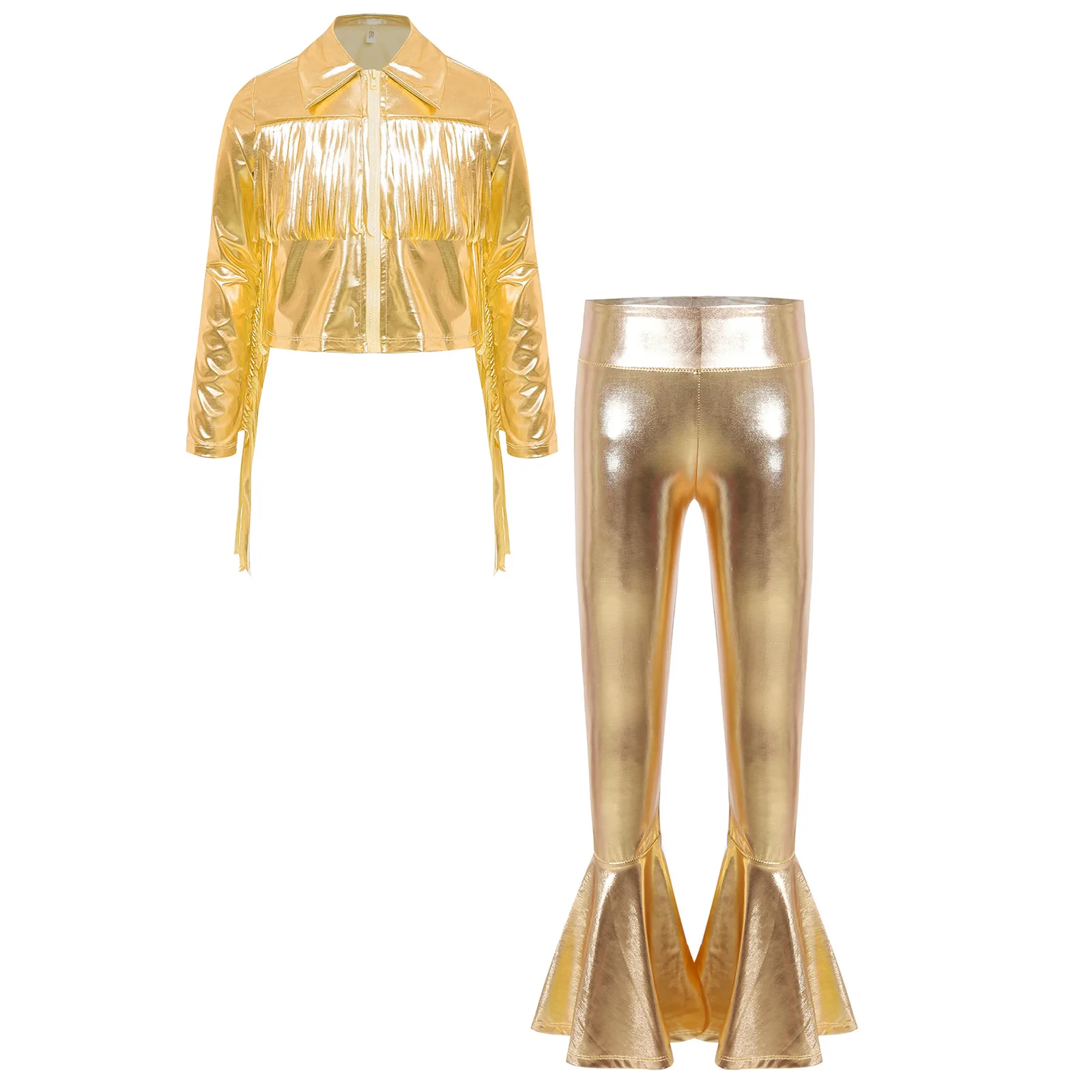 

Kids Girls Hip Hop Dance Outfit Turn-Down Collar Long Sleeve Zipper Tassels Metallic Jacket +Pants for Stage Performance Party