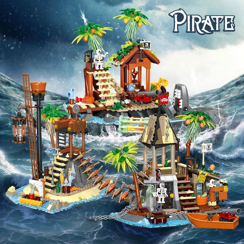 MOC-casa pirata creativa, bloques de construcción, calavera, centavos negros, torre de reloj, modelo de ladrillos, juguetes con figuras, rompecabezas DIY, regalo