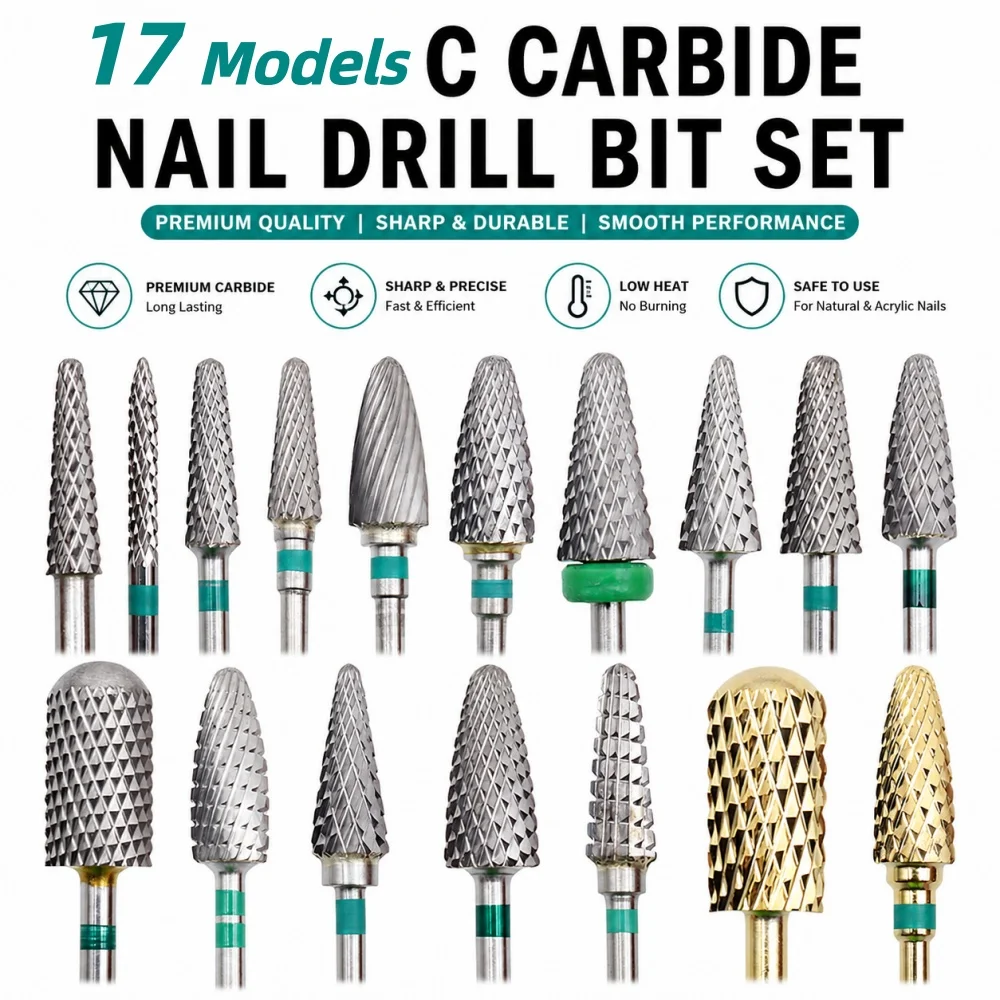 Komplette Serie Grobgezahnte Hartmetall-Nagelbohrer, 2,35MM Schaft Professionelle Nagelfräser-Bits für Acryl-Gel-Entfernung Maniküre