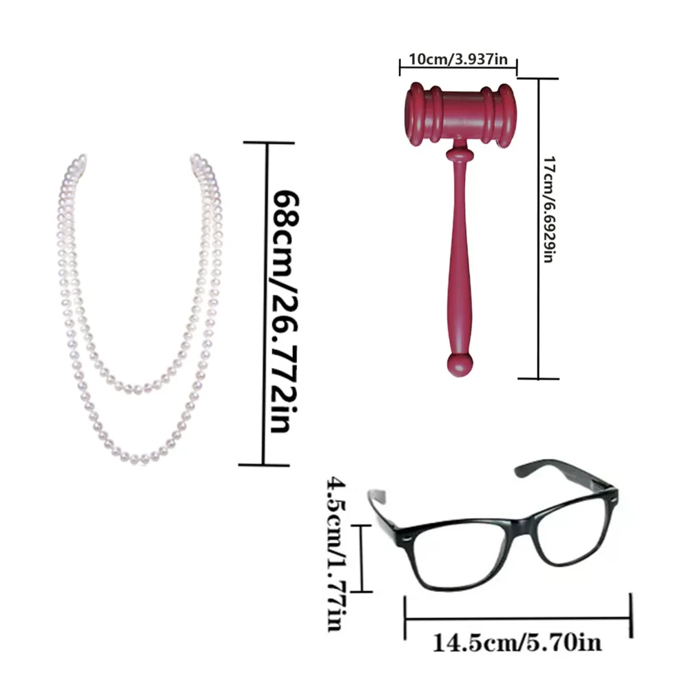 Acessórios para fantasia de juiz sênior PESENAR (martelo de alta qualidade + colar de pérolas elegante + óculos profissionais com armação preta)