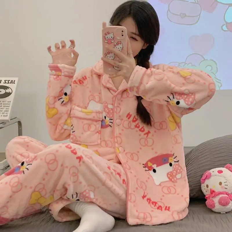 

New Kawaii Hellokitty Kuromi Mymelody Lotso Plush Pajamas Winter Thickened Home Clothing A Gift For Girls At Christmas