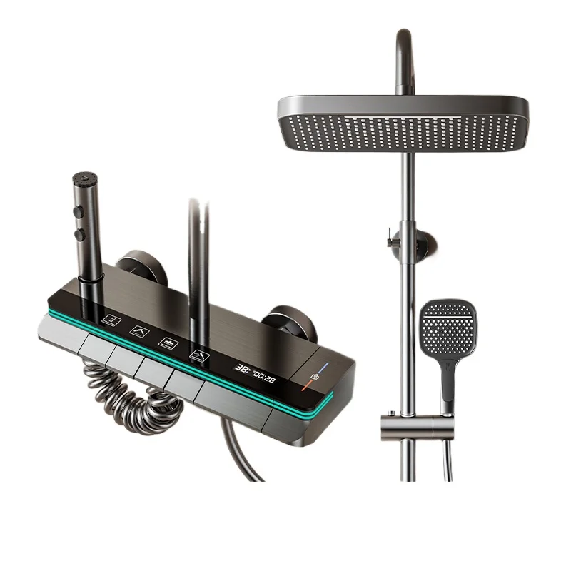 

All copper water ash plating constant temperature digital display piano keys ambient light bath shower set milk white