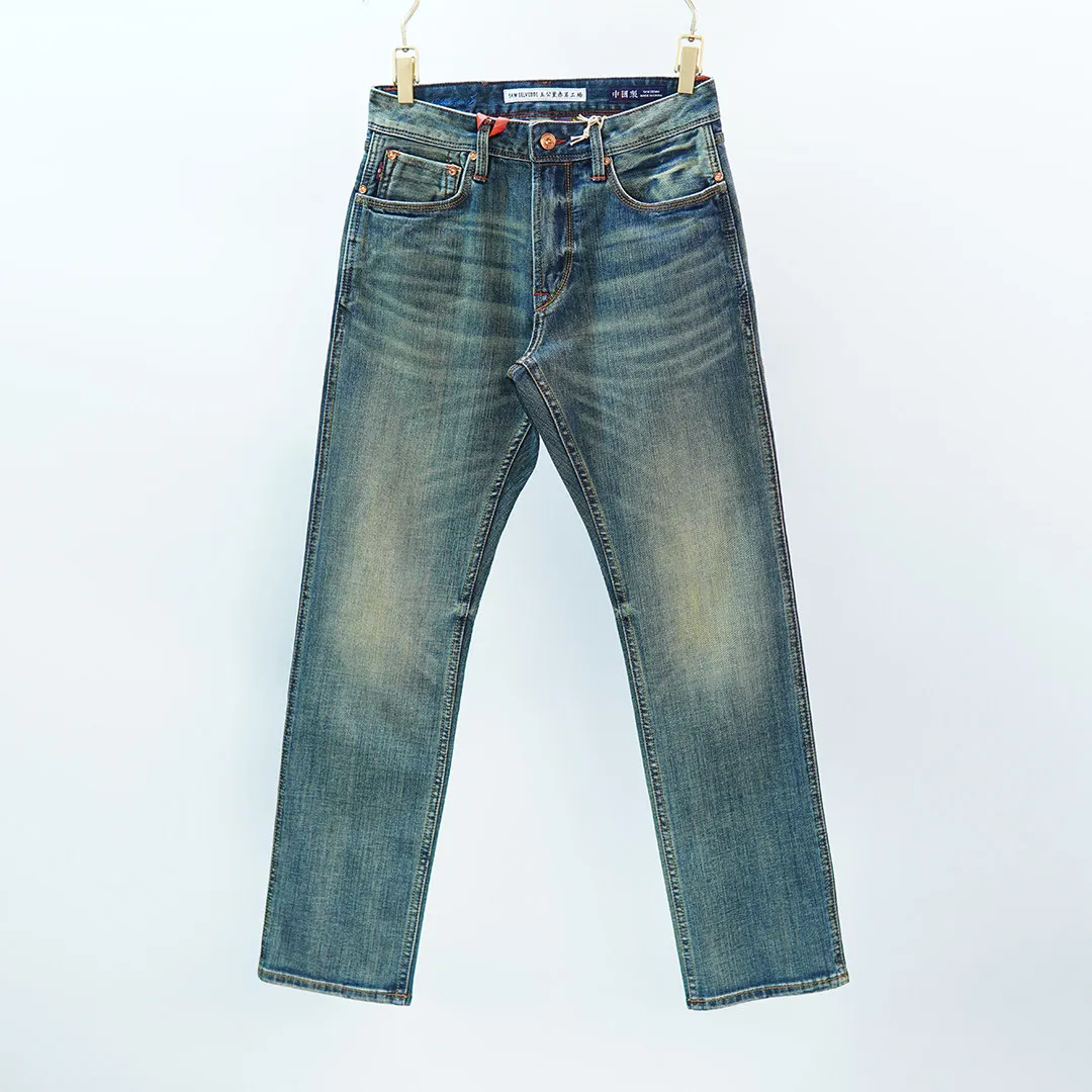 

12oz 100% Cotton Washed Jade Ice Silk Selvedge Denim Jeans for Men American Vintage Spring Summer Slightly Taper Straight Pants