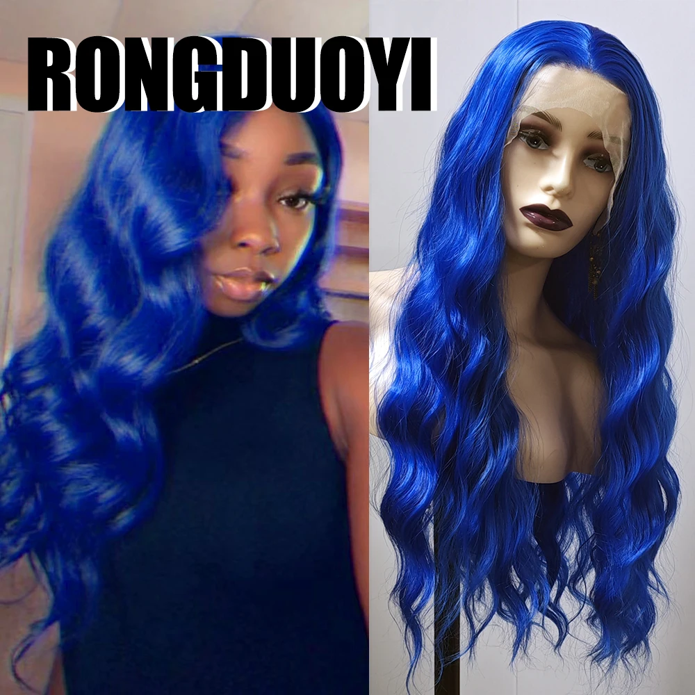 RONGDUOYI Blue Synthetic Wig Body Wave Lace Front Wig Loose Wave Royal Blue Color Heat Resistant Women Cosplay Use Makeup Wigs