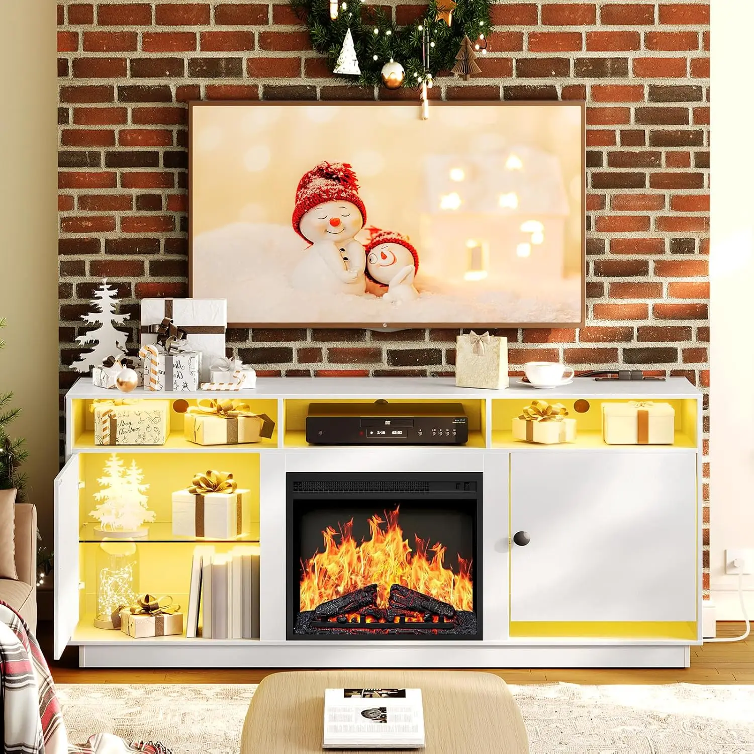 Electric Fireplace TV Stand with LED Lights and Power Outlets, White TV Console for 32