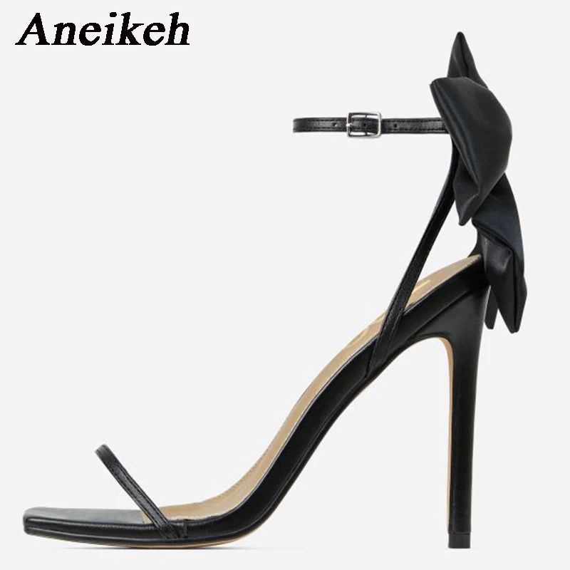 Aneikeh 2024 Summer PU Butterfly-Knot Sandals Square Toe Thin Heels Party Shallow Concise Sweet Buckle Strap Adult Open  Pleated