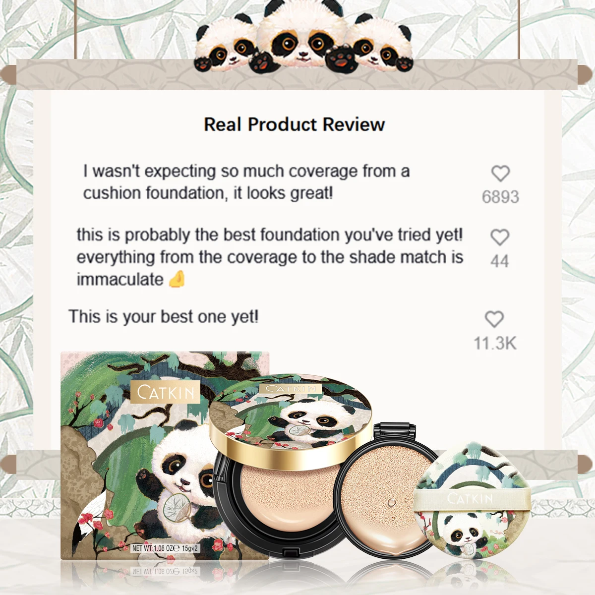 CATKIN Makeup Panda Land Full Coverage Cushion Foundation Breathable Hydrating Nourishing Poreless Foundation for Sensitive skin