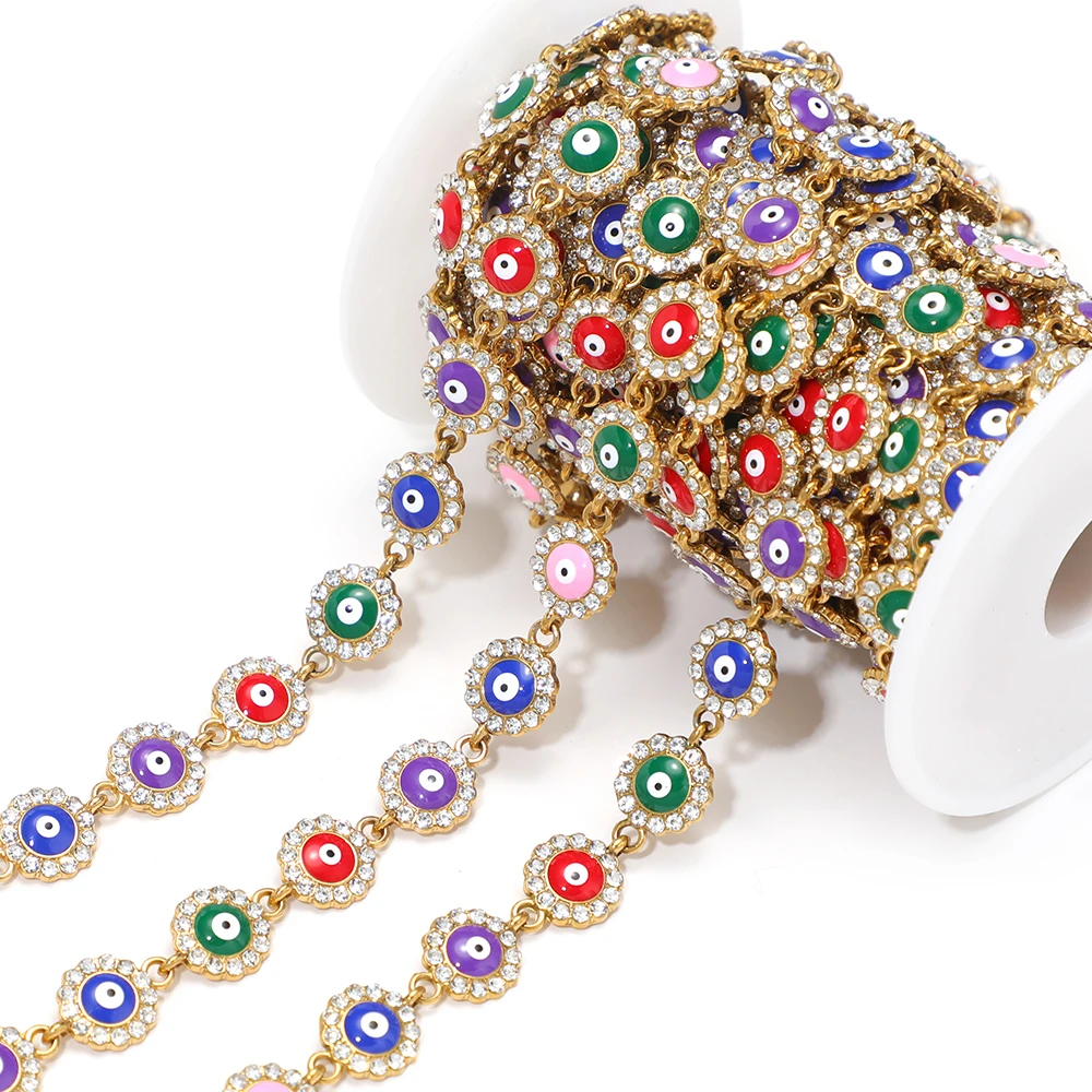 

1 метр цепочки из нержавеющей стали с блестящими цирконами и бусинами в виде глаза-оберега для изготовления женских украшений своими руками: ожерелий, браслетов, поделок и фурнитуры