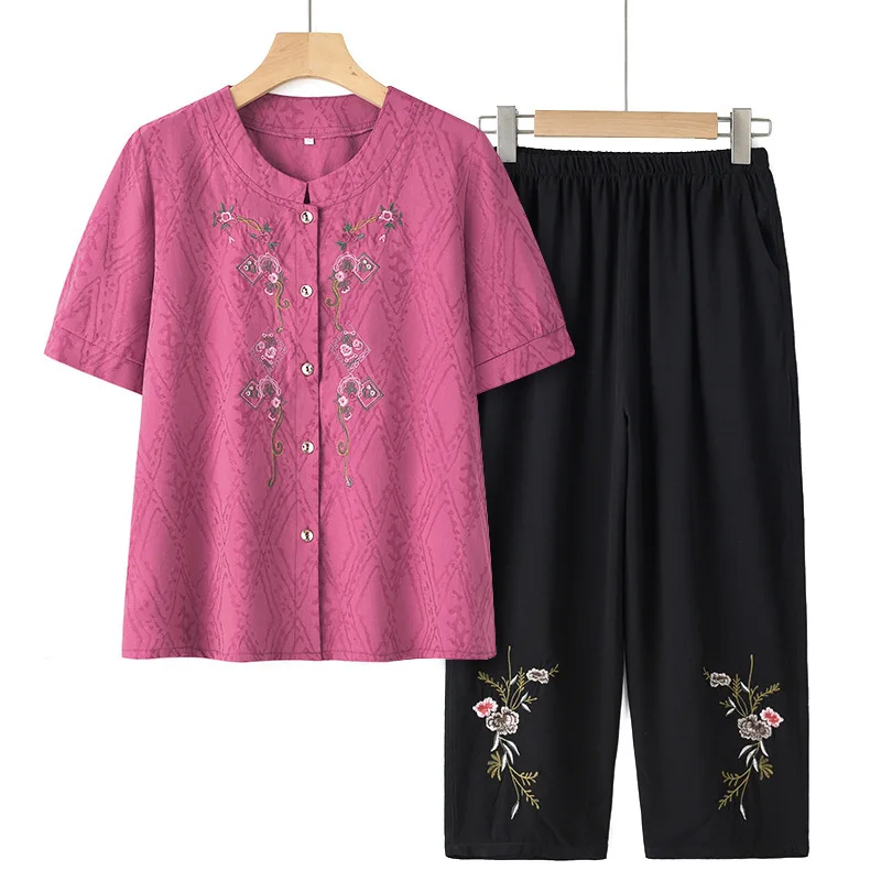 Grandma\'s Summer Short Sleeve Shirt Pant Sets Cardigan 2 Piece Sets Women Outfit Embroidery Print Cotton Linen Mother Suit