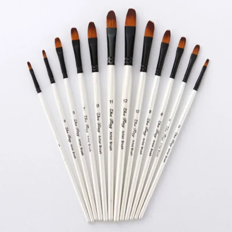 12 pezzi di nylon per capelli con manico in legno, set di pennelli per acquerello, per l\'apprendimento, pittura acrilica a olio fai da te, pennelli